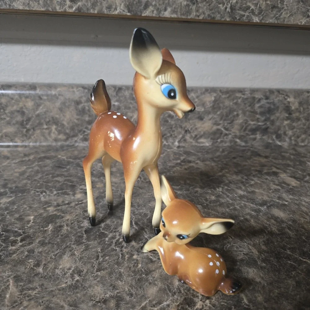 Vintage Celluloid Plastic Deer Fawn Christmas Bambi Figurine And Baby